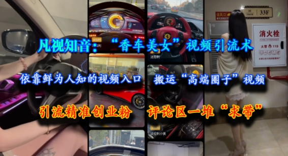 （6.25）凡视知音：“香车美女”视频引流术，依靠鲜为人知的视频入口，搬运“高端圈子”视频，引流精准创业粉，评论区一堆“求带”
