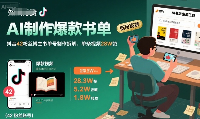 （8.3）AI制作爆款书单，抖音42粉丝博主书单号制作拆解，单条视频28W赞